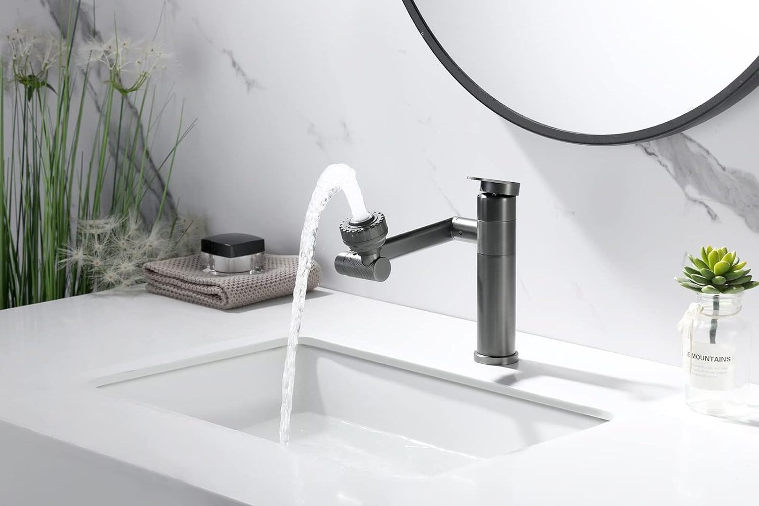 1080 Degree Swivel Gun Grey Lavatory Basin Faucet Big Angle Spray Aerator Spout Universal Rotating 2 Way Outlet Modes Sink Mixer