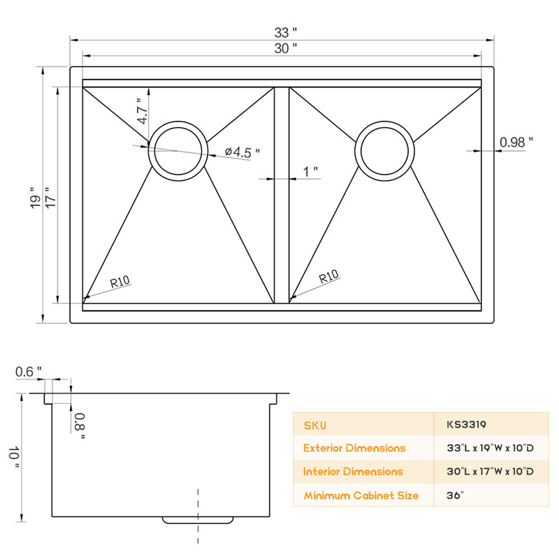 Online Hot Sale Ledged 33-inch Low-Divide Undermount Sinks Double Bowl 16 Gauge Stainless Steel Kitchen Sinks