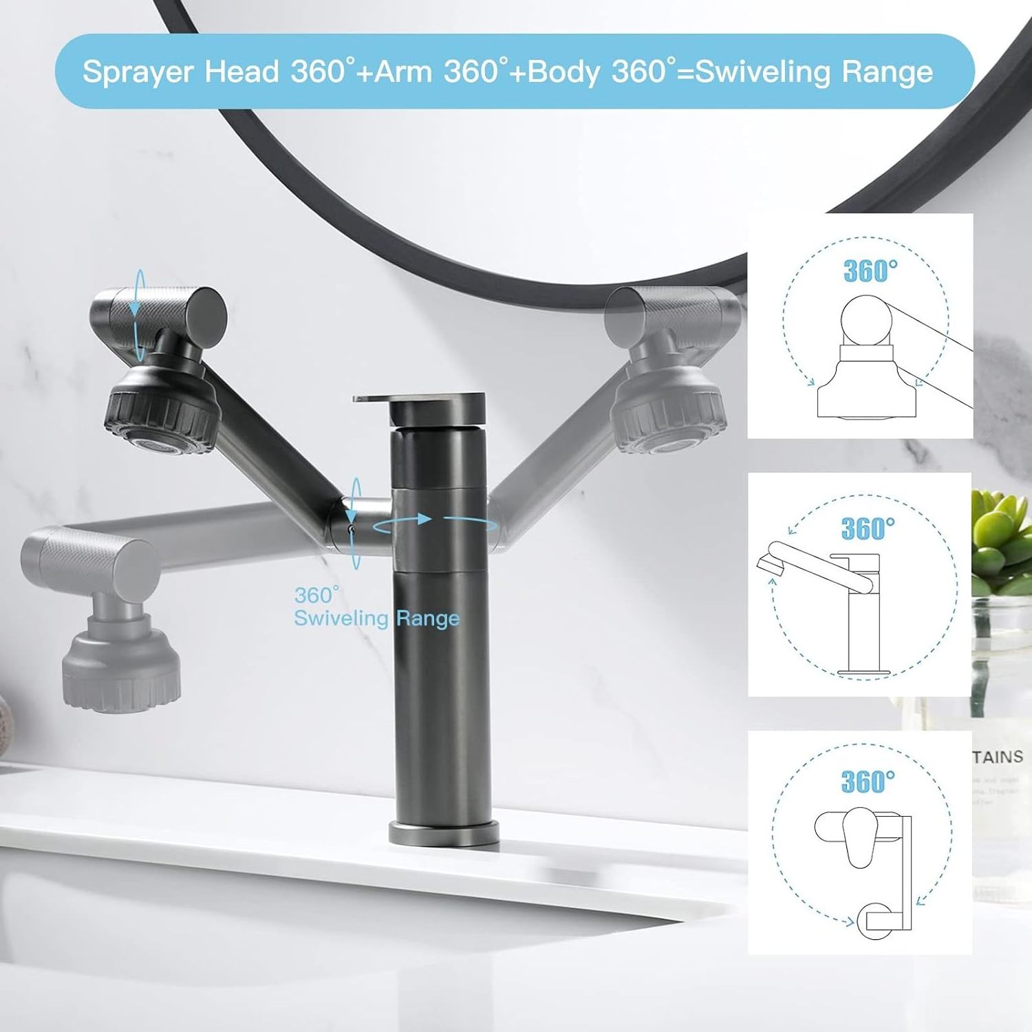 1080 Degree Swivel Gun Grey Lavatory Basin Faucet Big Angle Spray Aerator Spout Universal Rotating 2 Way Outlet Modes Sink Mixer