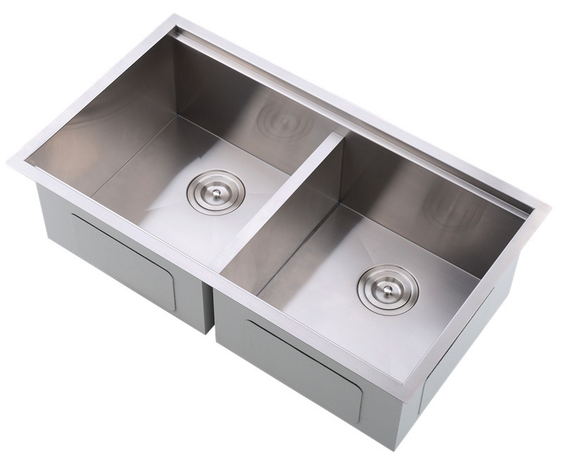 Online Hot Sale Ledged 33-inch Low-Divide Undermount Sinks Double Bowl 16 Gauge Stainless Steel Kitchen Sinks