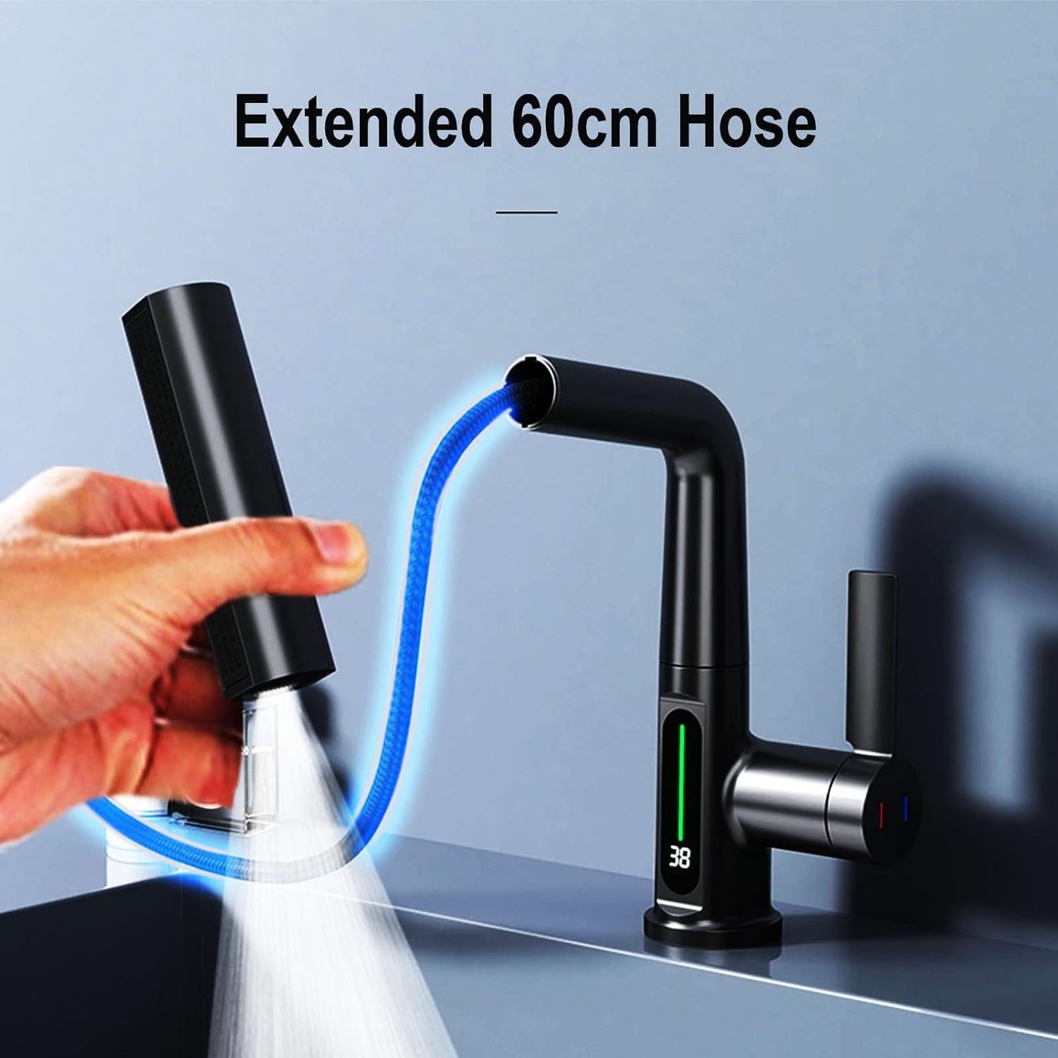 Bathroom Faucet with LED Temperature Display Adjustable Faucet with Pull Down Sprayer Waterfall Rainfall Faucet for Bathroom