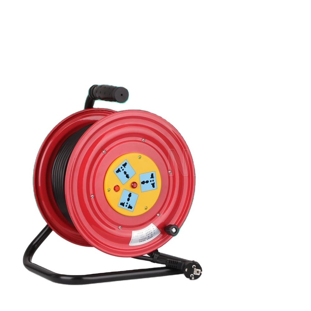 IP20 red General standard steel electric extension cable reel with 3 outlets sockets retractable cable drum