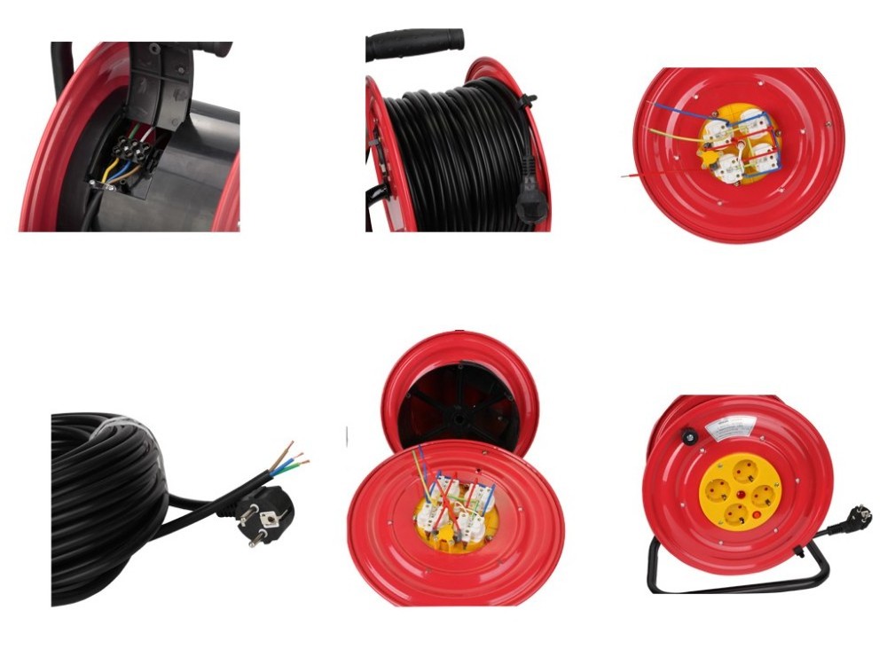 IP20 European standard 4 outlet multi sockets Extension Cord electrical steel retractable large 50m cable reel drum