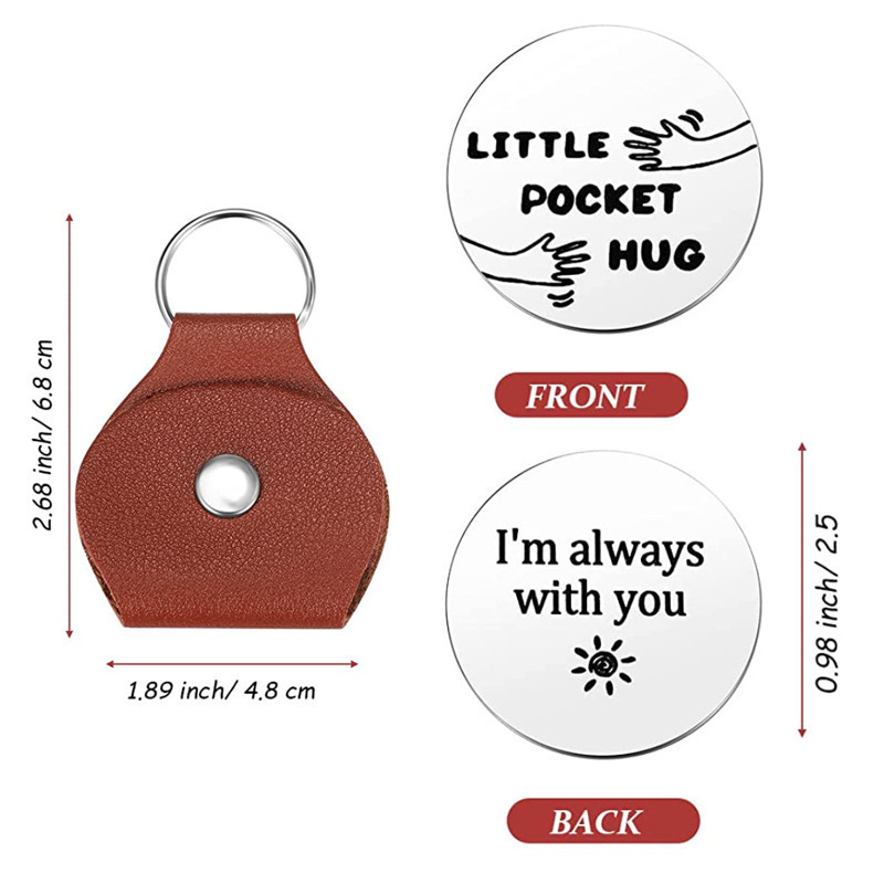 Pocket Hug Token Long Distance Relationship Keepsake Stainless Steel Double Sided Inspirational Gift with PU Leather Keychain