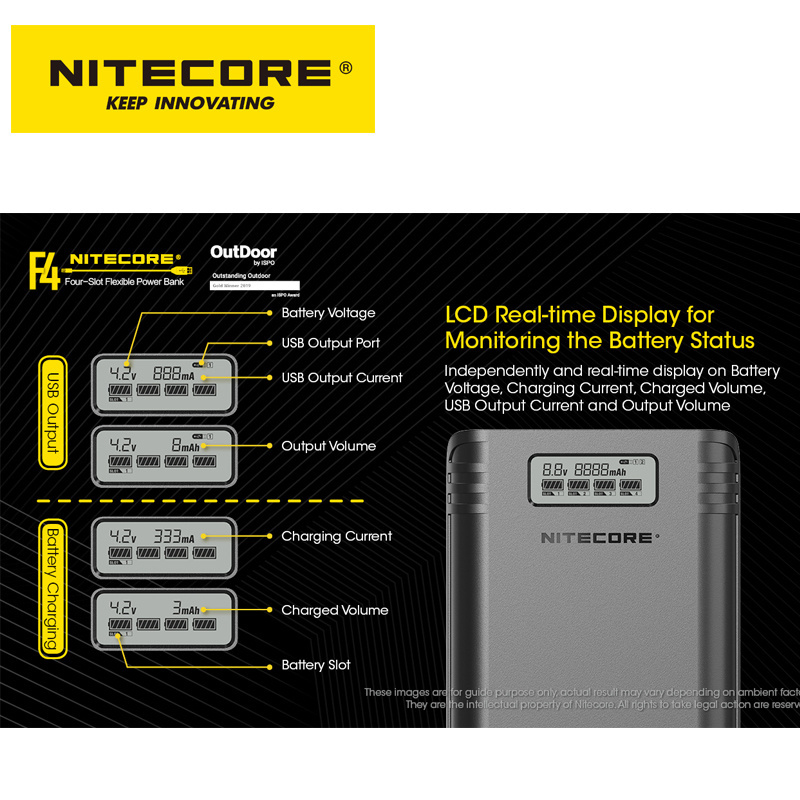 NITECORE 4-SLOT 18650 BATTERY CHARGER AND POWER BANK 2 IN 1 F4