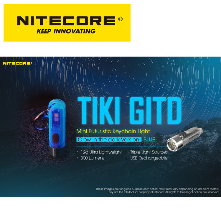 NITECORE TIKI GITD Blue Lightweight 300 Lumens Keychain UV Light Gitd Glow in Dark Blue Version