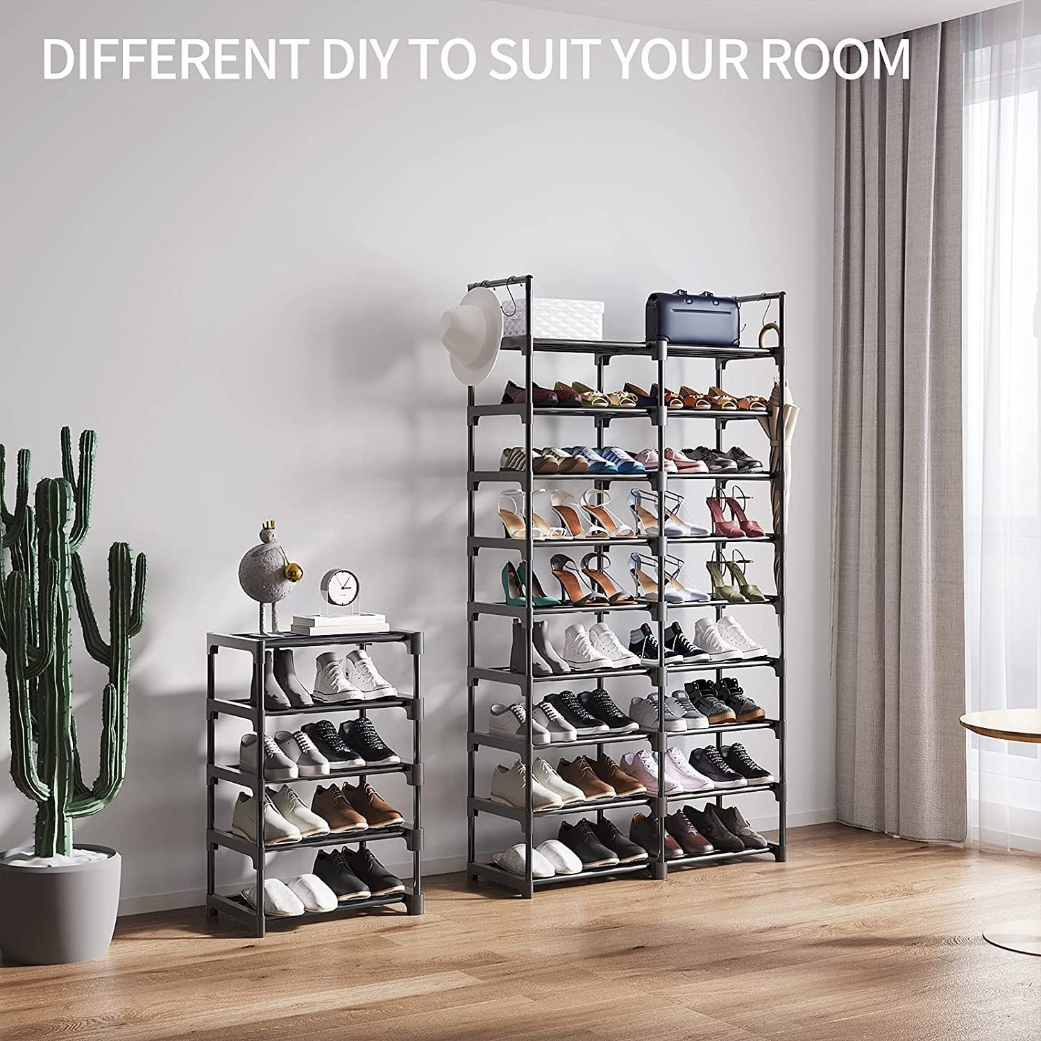 24-30 Pairs 9-layer 3-column Shoe Shelf Shoe Storage Organizer with Side Hooks For Entryway