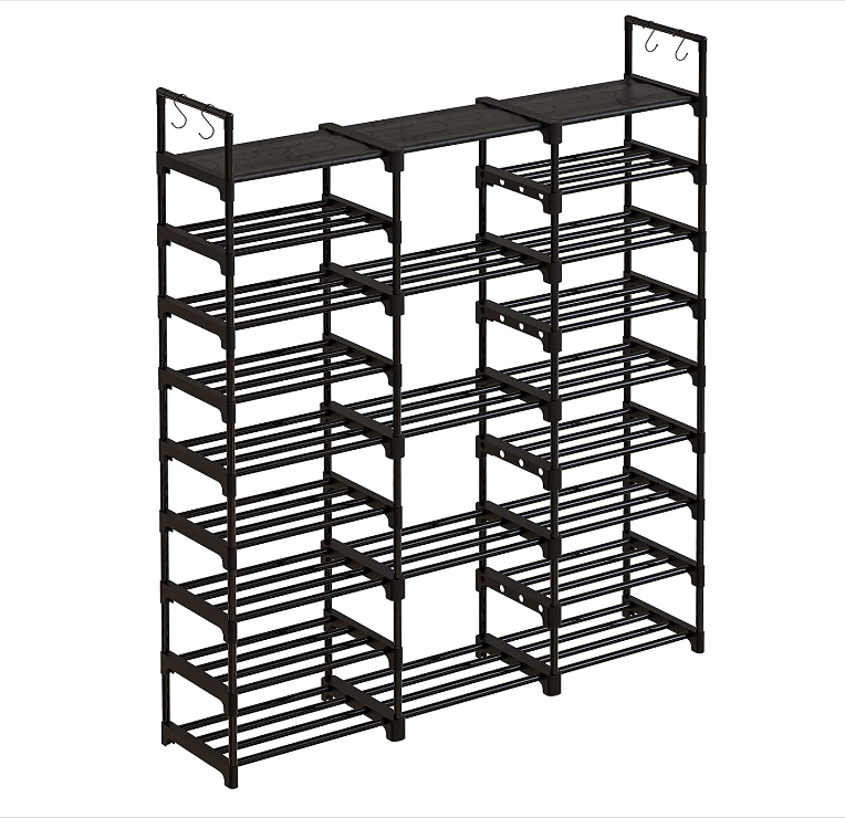 24-30 Pairs 9-layer 3-column Shoe Shelf Shoe Storage Organizer with Side Hooks For Entryway