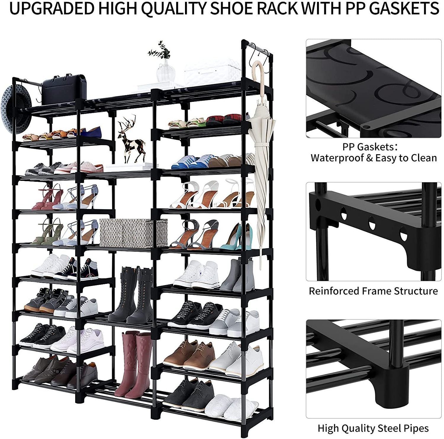 24-30 Pairs 9-layer 3-column Shoe Shelf Shoe Storage Organizer with Side Hooks For Entryway