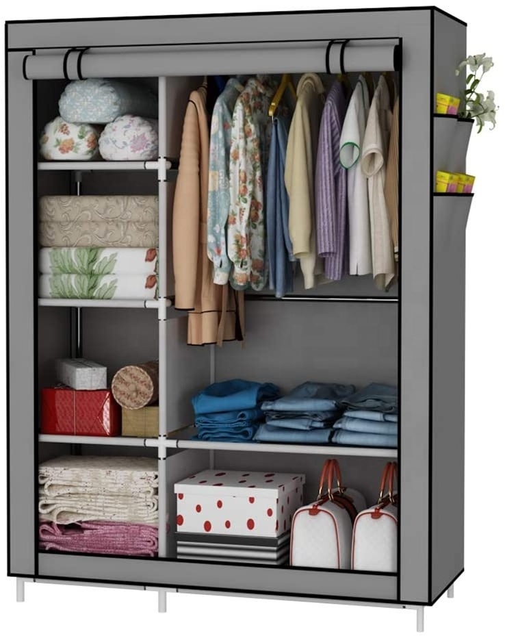 Closet Organizer Wardrobe Clothes Storage Shelves, Non-Woven Fabric Cover with Side Pockets