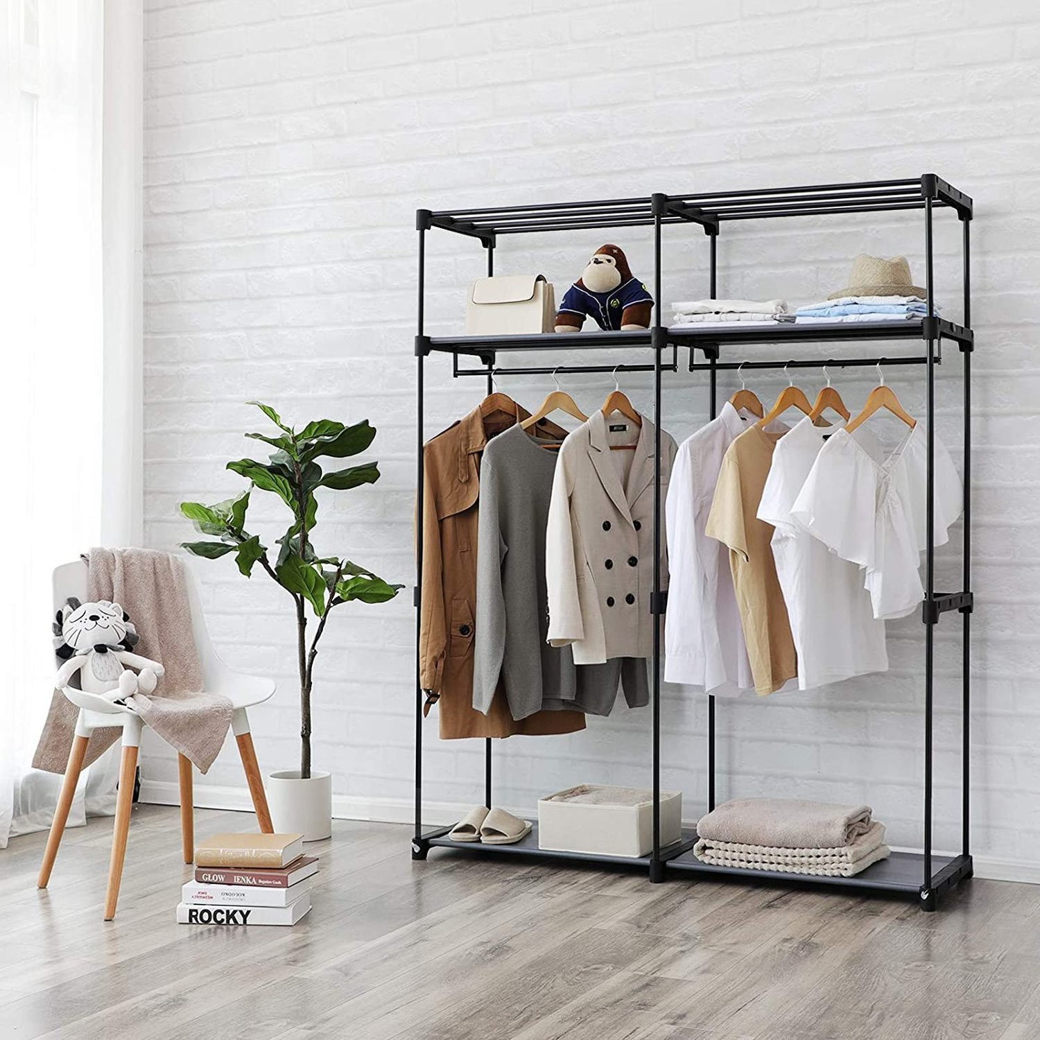 Closet Storage Organizer, Portable Wardrobe with Hanging Rods, Foldable Clothes Rack