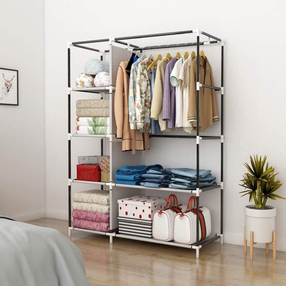 8 Cubes Organizer Stackable Wardrobe Storage Shelves Fold Clothing Closet Cabinet with Hanging Rod Dustproof Bedroom Furniture