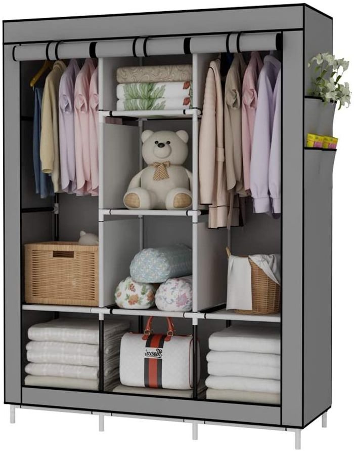 Closet Organizer Wardrobe Clothes Storage Shelves, Non-Woven Fabric Cover with Side Pockets