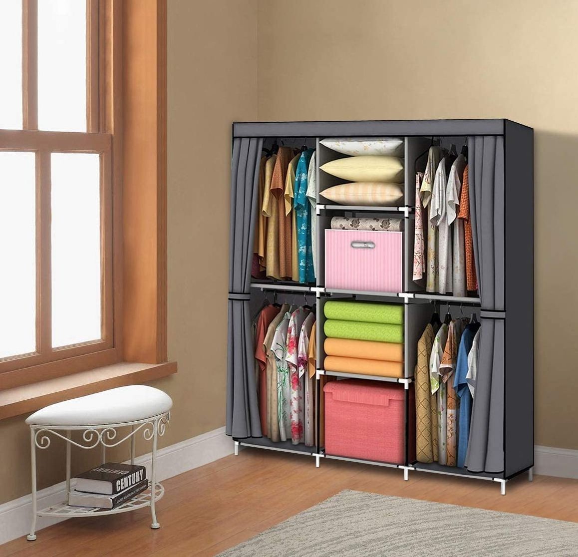 Waterproof non-woven fabric wardrobe closet quilt clothes storage shelf 50*18*67 inch gray cloth wardrobe cabinet