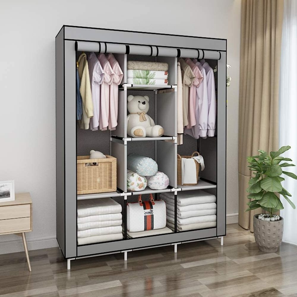 Closet Organizer Wardrobe Clothes Storage Shelves, Non-Woven Fabric Cover with Side Pockets