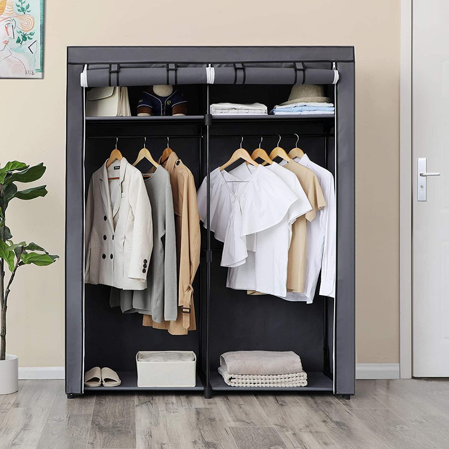 Closet Storage Organizer, Portable Wardrobe with Hanging Rods, Foldable Clothes Rack