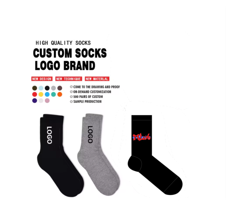 Low minimum order quantity designer socks custom logo socks organic cotton unisex sports full terry socks