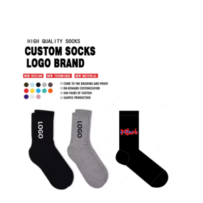 Low minimum order quantity designer socks custom logo socks organic cotton unisex sports full terry socks