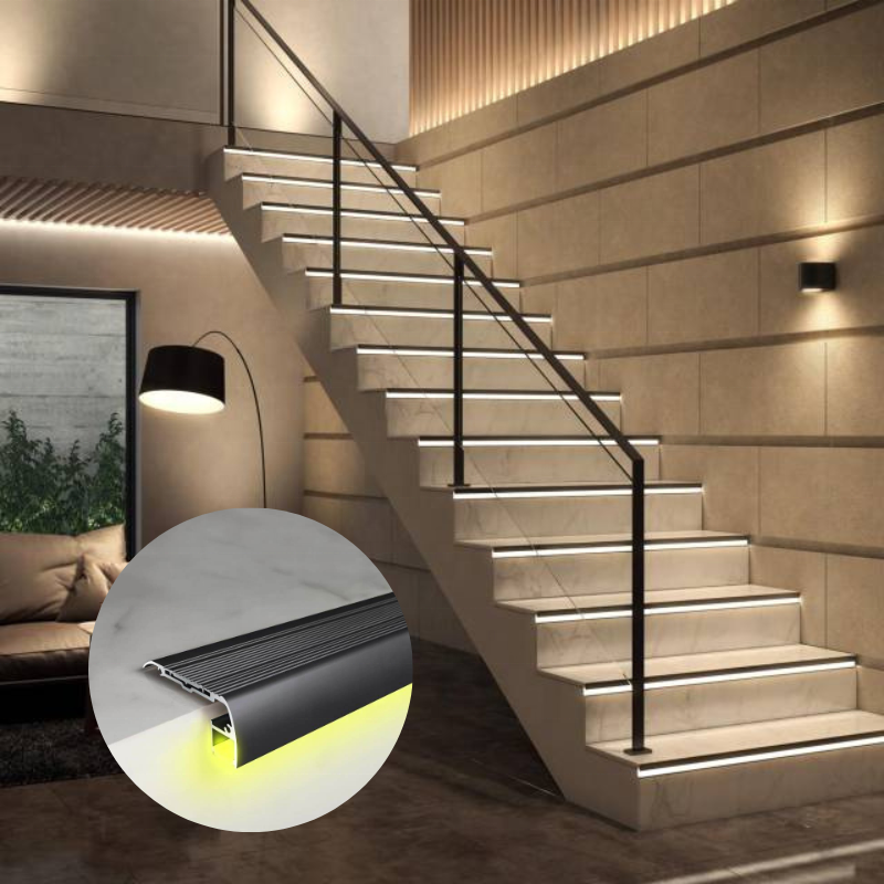 Safety Light Step LED Profile  Aluminum Stair Nosing With Rubber Insert