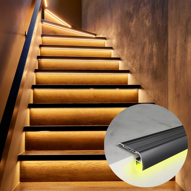 Safety Light Step LED Profile  Aluminum Stair Nosing With Rubber Insert