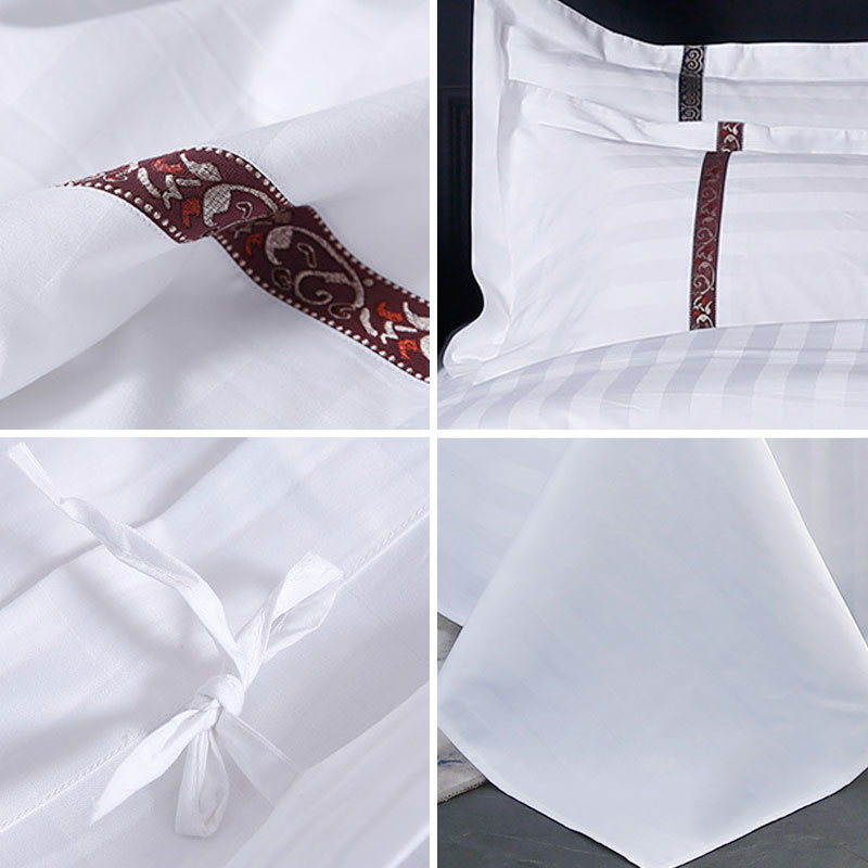 turkey cotton 300tc white satin stripe  hospital hotel bed sheet fabric  and pillow covers bedding sets 4 pieces comforter