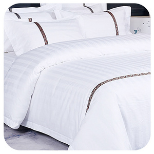 turkey cotton 300tc white satin stripe  hospital hotel bed sheet fabric  and pillow covers bedding sets 4 pieces comforter