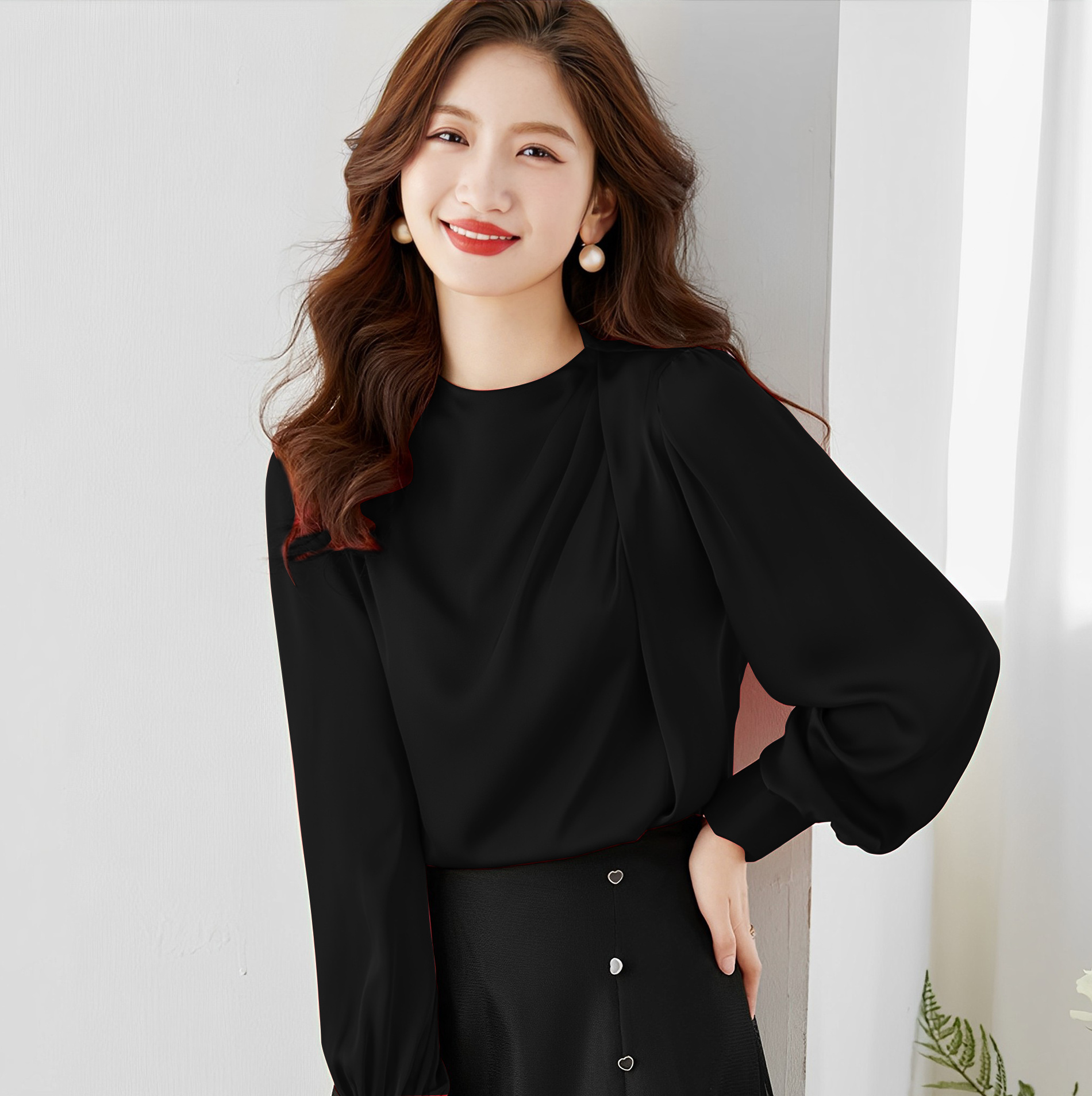 Sweet style fashion summer chiffon blouse shirt Silk acetate satin long-sleeved round neck shirt