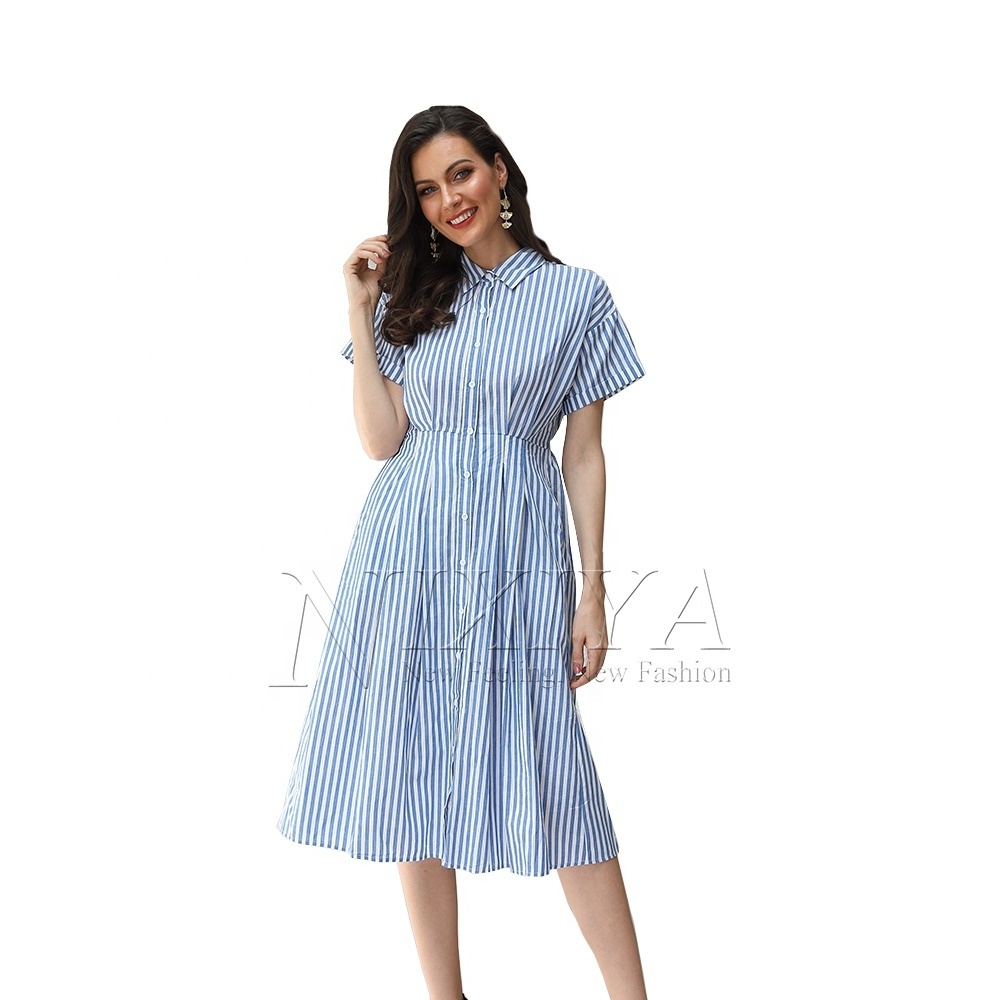 Professional Women Garment Manufacturer Striped Shirt Collar Short Sleeve Knee Lenght Casual Dresses