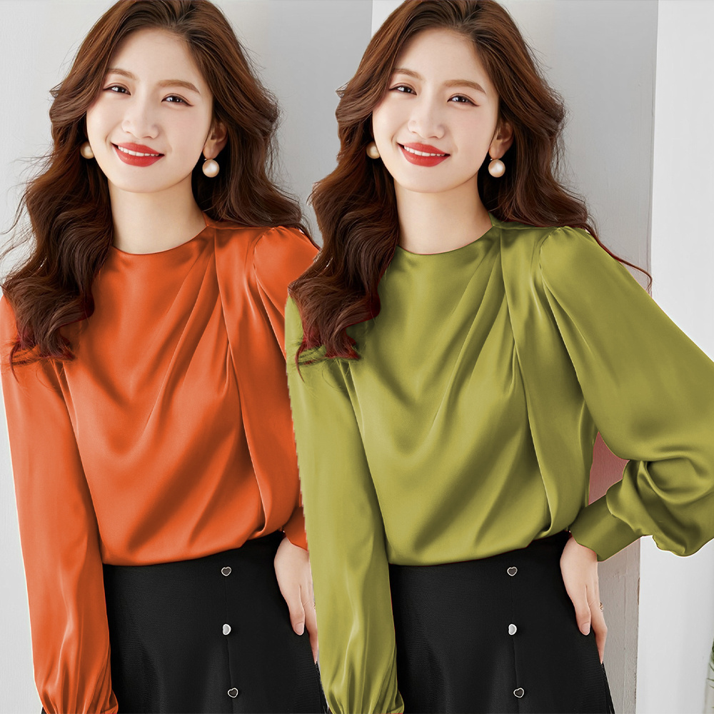 Sweet style fashion summer chiffon blouse shirt Silk acetate satin long-sleeved round neck shirt