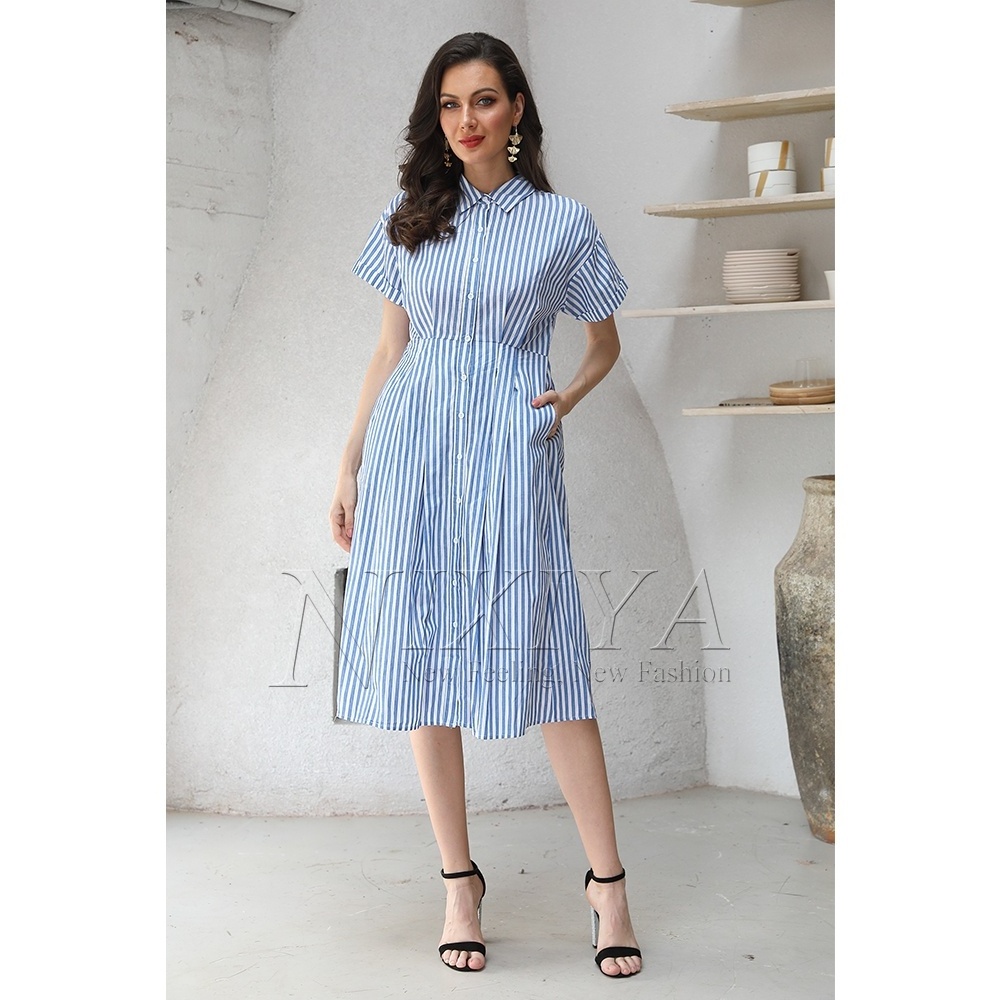 Professional Women Garment Manufacturer Striped Shirt Collar Short Sleeve Knee Lenght Casual Dresses