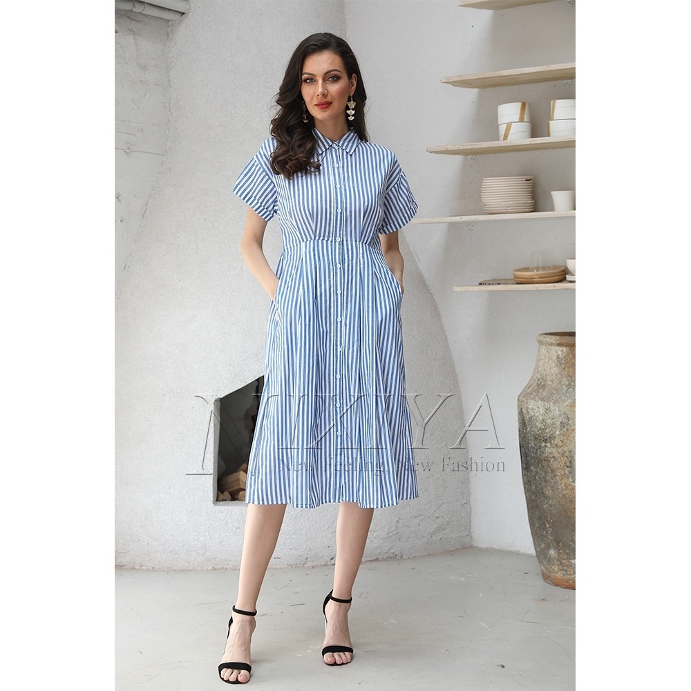 Professional Women Garment Manufacturer Striped Shirt Collar Short Sleeve Knee Lenght Casual Dresses