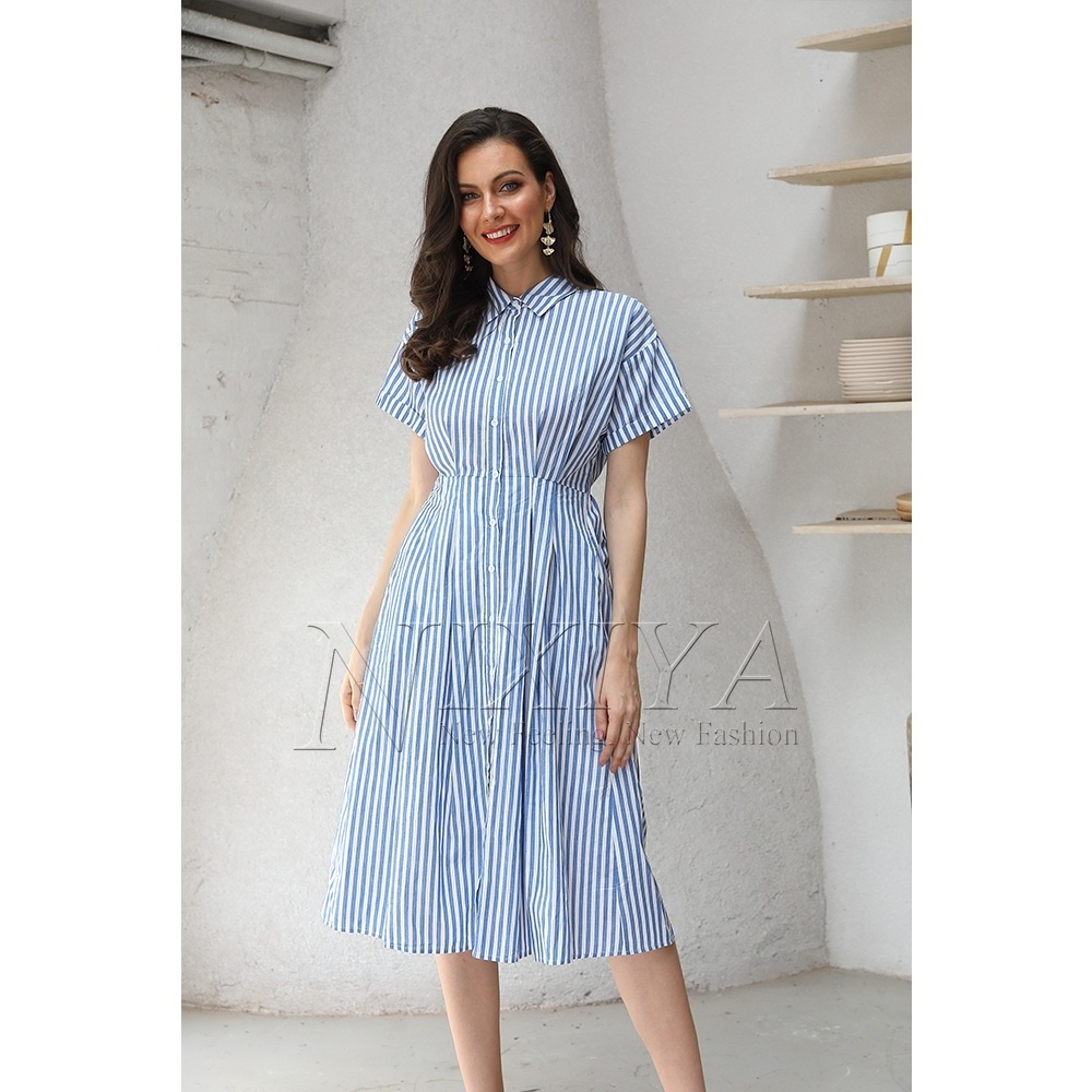 Professional Women Garment Manufacturer Striped Shirt Collar Short Sleeve Knee Lenght Casual Dresses