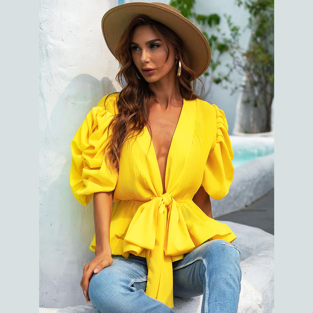 New Collection Puff Sleeves Bright Yellow Blouse Sexy Deep V Neck Ruched Pleated Blouse Tops Women