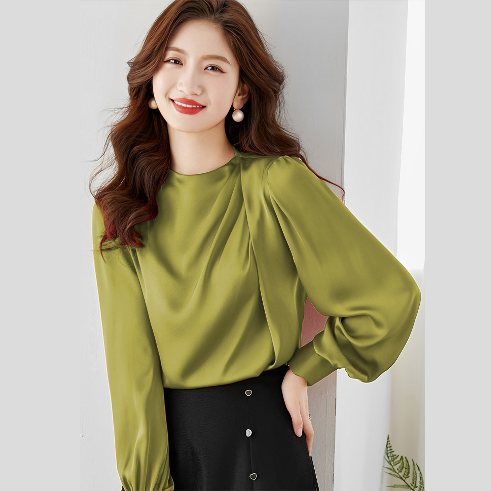 Sweet style fashion summer chiffon blouse shirt Silk acetate satin long-sleeved round neck shirt