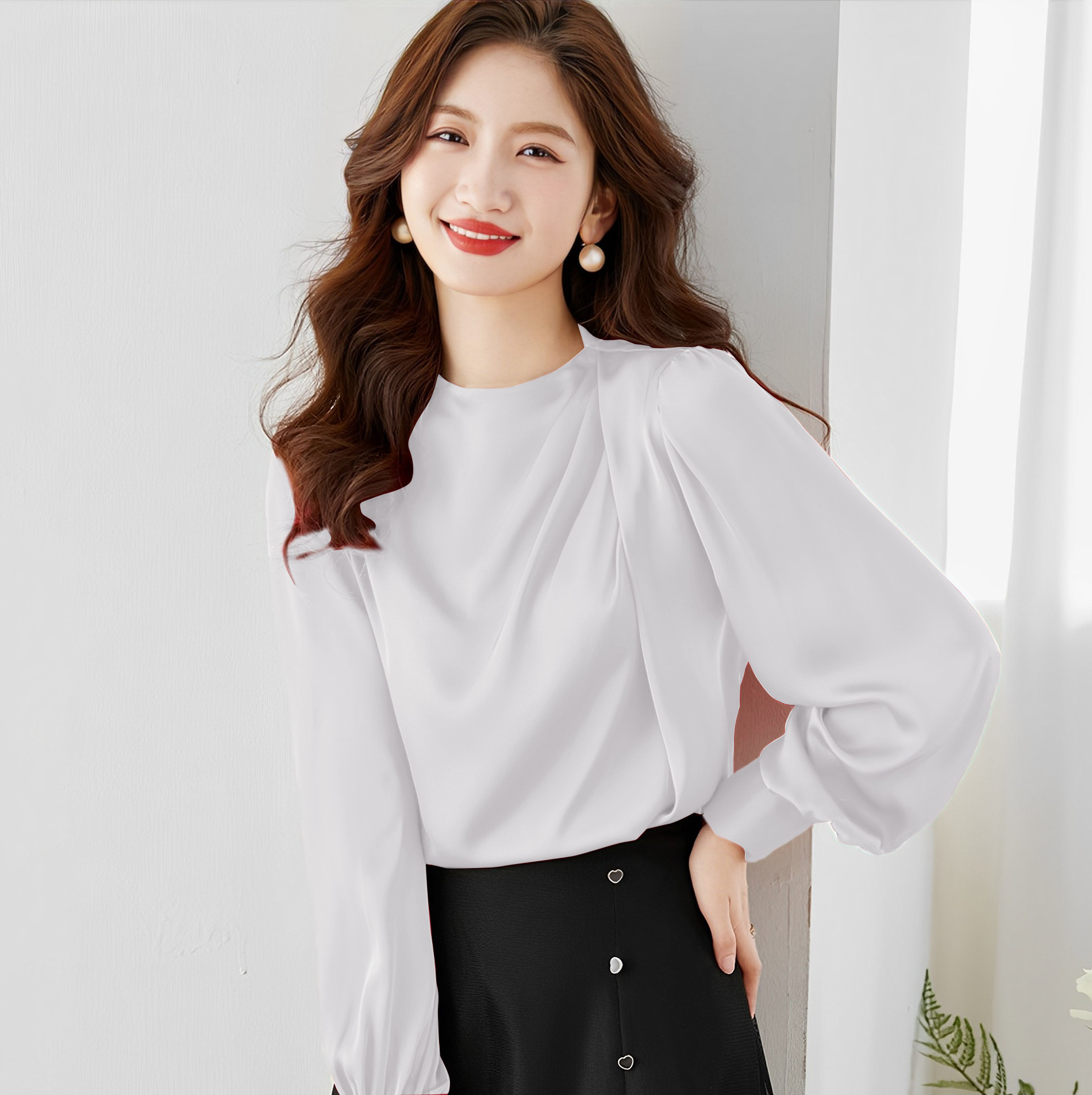 Sweet style fashion summer chiffon blouse shirt Silk acetate satin long-sleeved round neck shirt