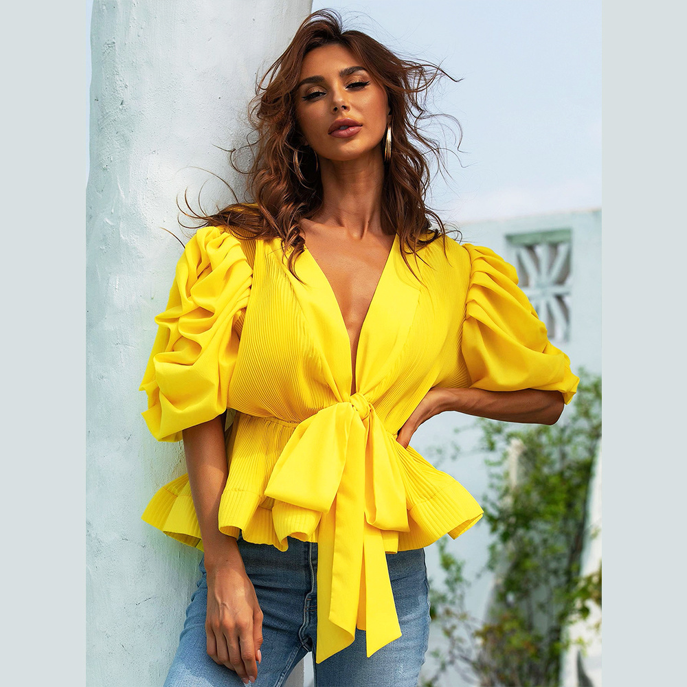 New Collection Puff Sleeves Bright Yellow Blouse Sexy Deep V Neck Ruched Pleated Blouse Tops Women