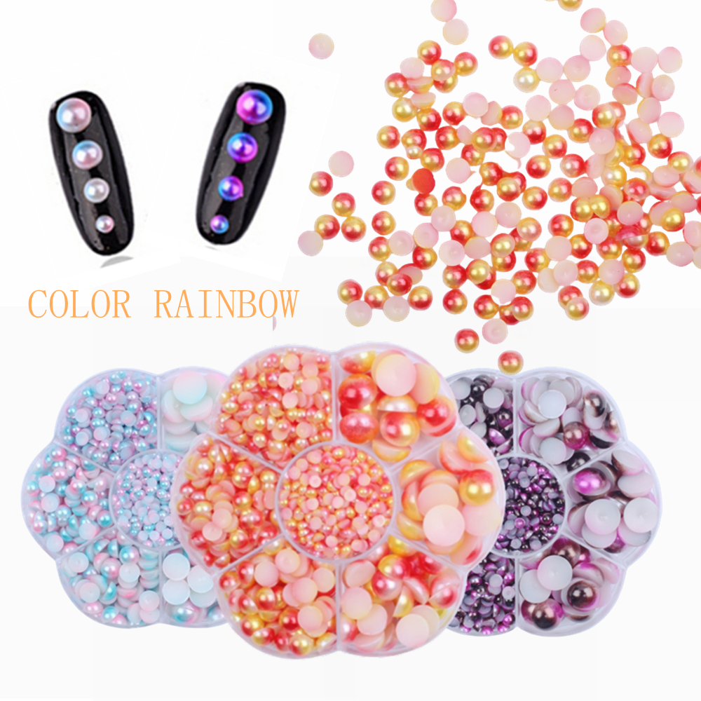 Hot Sale Acrylic Gem Plum Box RainBow Color Flatback Glue On Half Round Pearls For DIY Wedding Clothes Nail Art Decorations