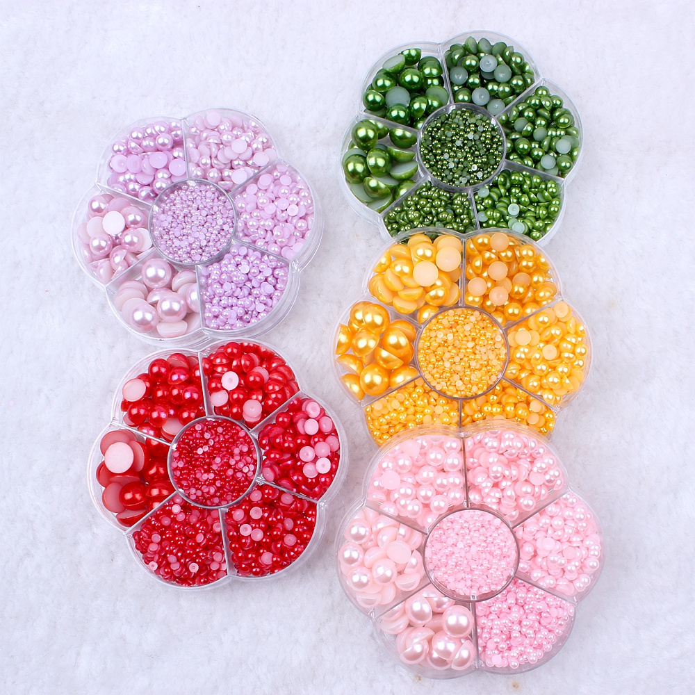 Hot Sale Plum Box Many Colors Flatback Glue On Half Round Pearls For DIY Wedding Clothes Nail Art Decorations Acrylic Gem