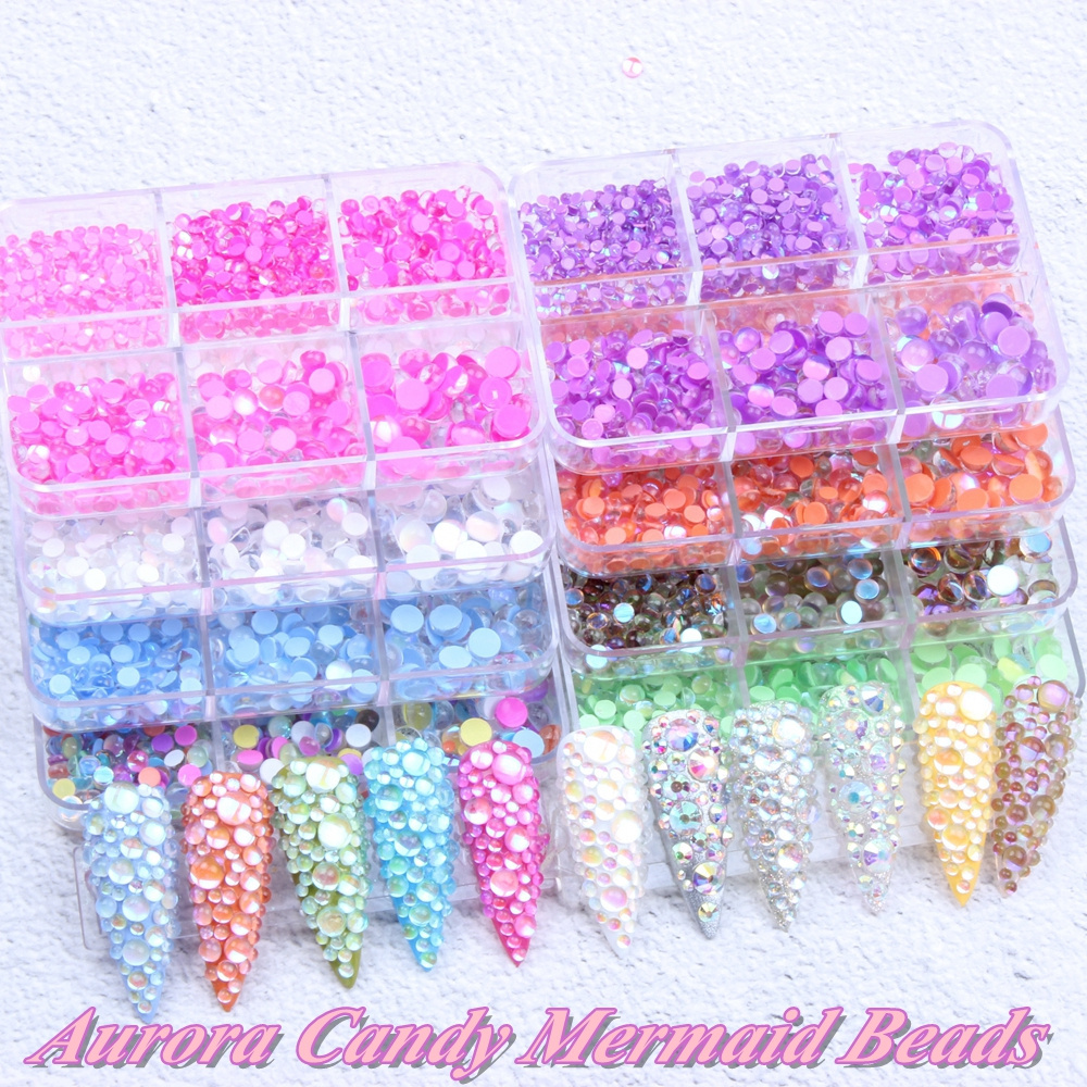 New Aurora Candy Colors Mermaid Nail Beads Crystal Rhinestones Six Gird Flatback Round Glue On Strass Stones DIY 3D Nail Art