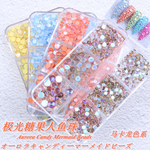 New Aurora Candy Colors Mermaid Nail Beads Crystal Rhinestones Six Gird Flatback Round Glue On Strass Stones DIY 3D Nail Art