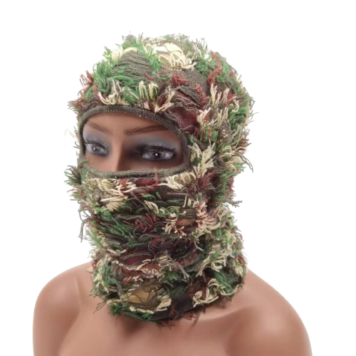 Wholesale Distressed Camo Balaclava Designer Knitted Ski Mask One Hole Knit Full Face Cover Grassy Balaclava Custom Logo