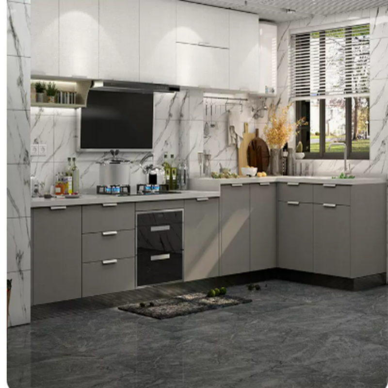 Modern French Style Luxury Kitchen Cabinet Real Timber Panel Design with Marble White Accessories for Wall and Base