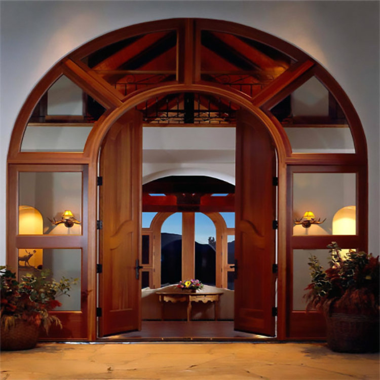 2022 Best Selling Exterior Double Swing Arched Solid Core Door Walnut Teak Mahogany Front Entrance Door Wooden Door Manufacturer