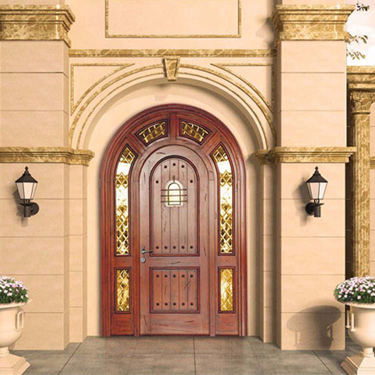 Customized Interior Arched Wooden Door Waterproof Glass Solid Wood Hinge Hardware Finished arch wood glass door