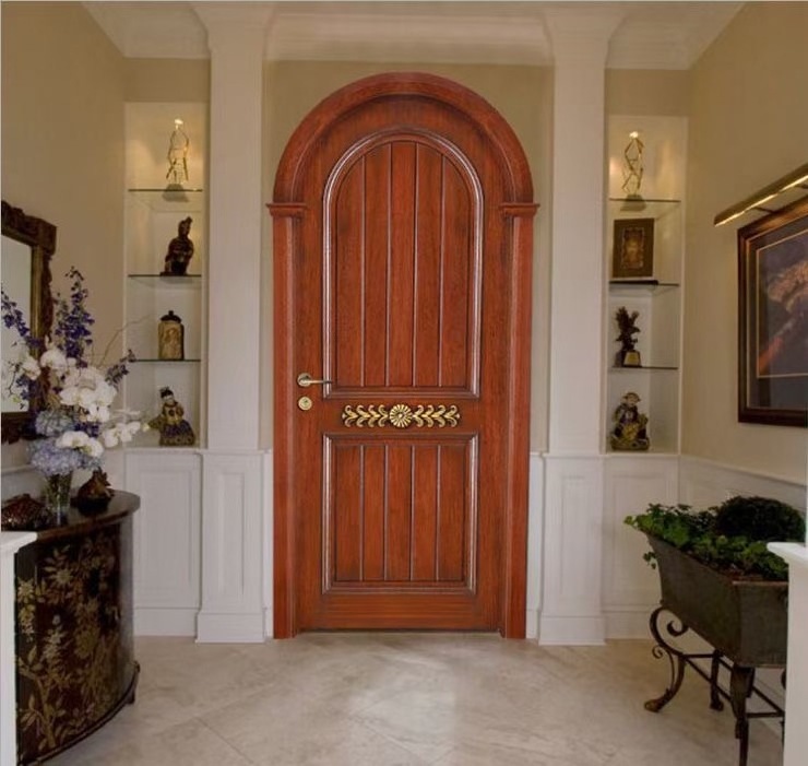 Customized Interior Arched Wooden Door Waterproof Glass Solid Wood Hinge Hardware Finished arch wood glass door