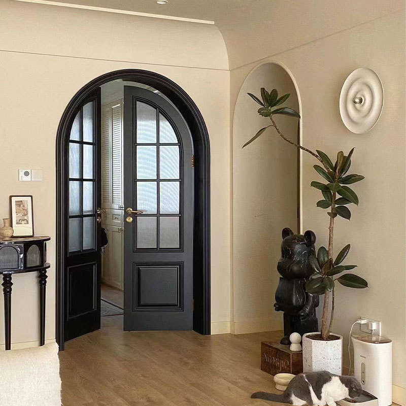 French style double arched door with glass the material is solid wood or solid wood multi-layer waterproof door very hard