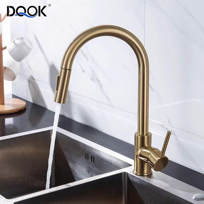 DQOK Modern Golden Brass 2 Functions Kitchen Tap Single Handle Gold Kitchen Faucet With Pull Down Sprayer