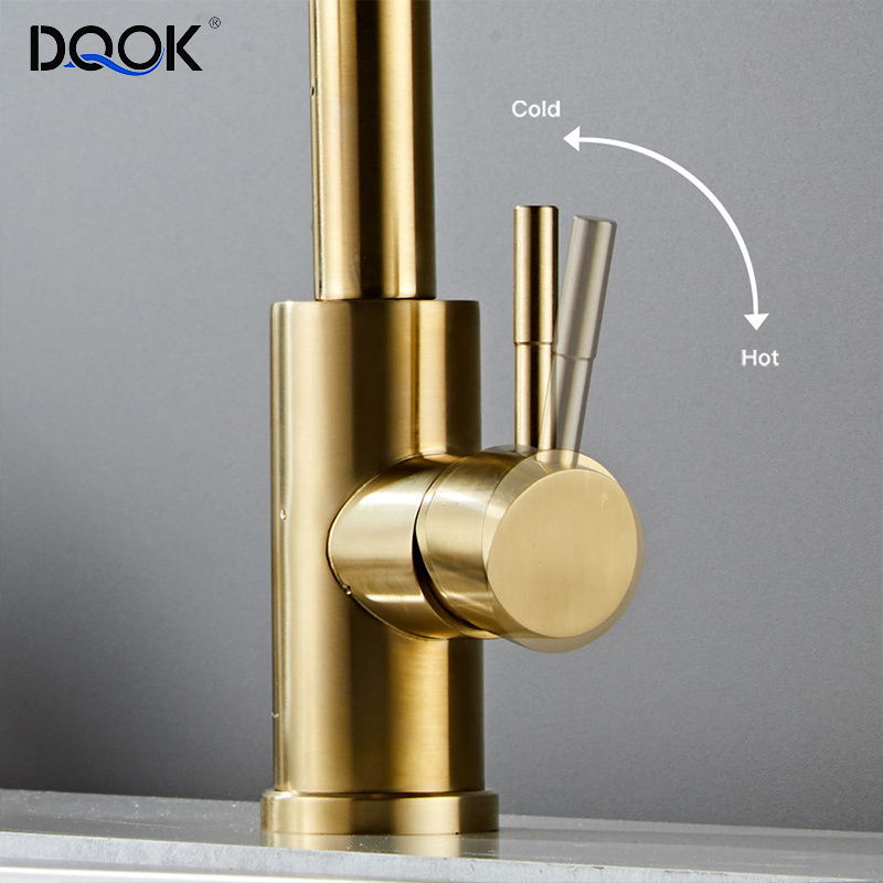 DQOK Modern Golden Brass 2 Functions Kitchen Tap Single Handle Gold Kitchen Faucet With Pull Down Sprayer