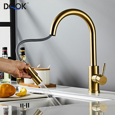 DQOK Modern Golden Brass 2 Functions Kitchen Tap Single Handle Gold Kitchen Faucet With Pull Down Sprayer