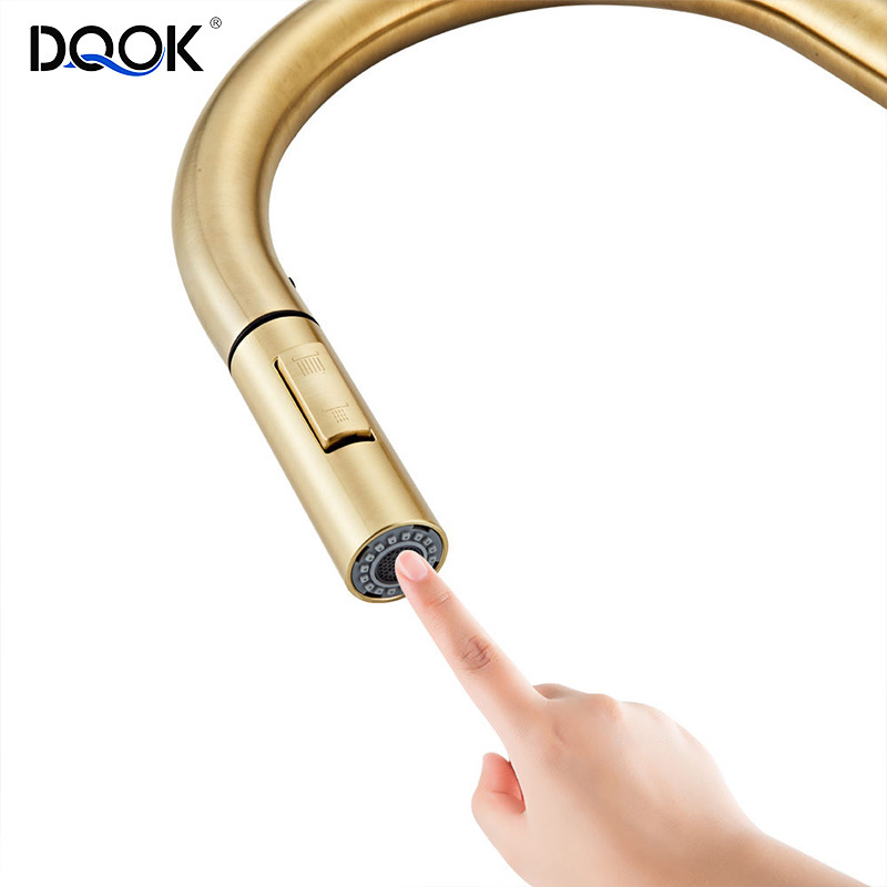 DQOK Modern Golden Brass 2 Functions Kitchen Tap Single Handle Gold Kitchen Faucet With Pull Down Sprayer